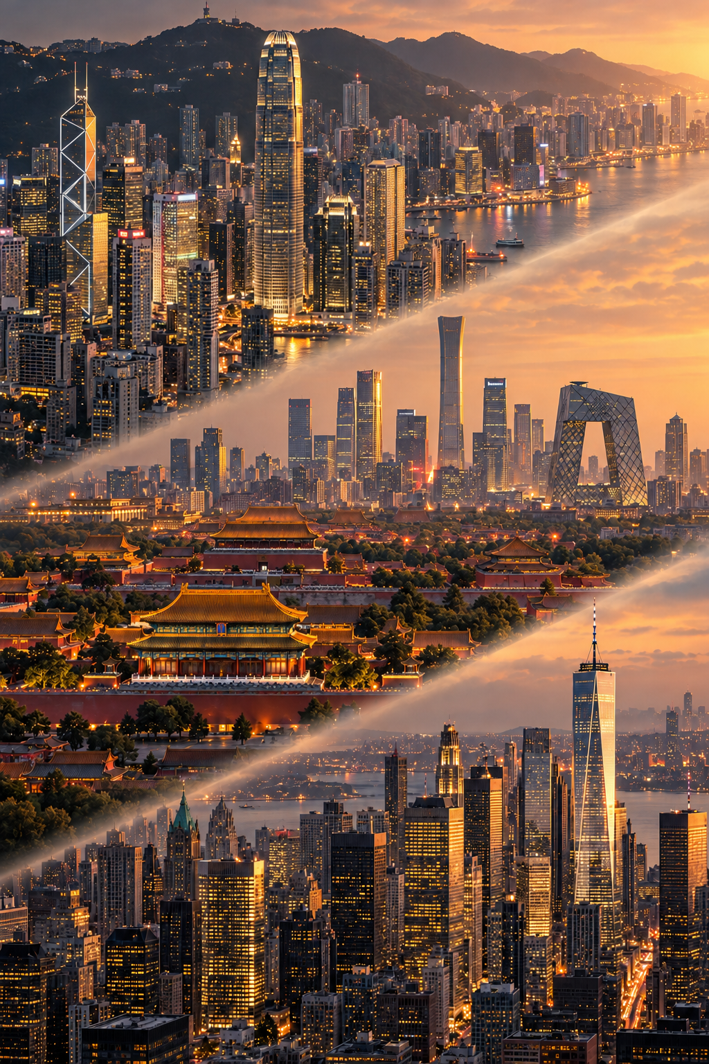 Conceptual diagonal city montage: Hong Kong, Beijing, then New York in charcoal and champagne sunlight